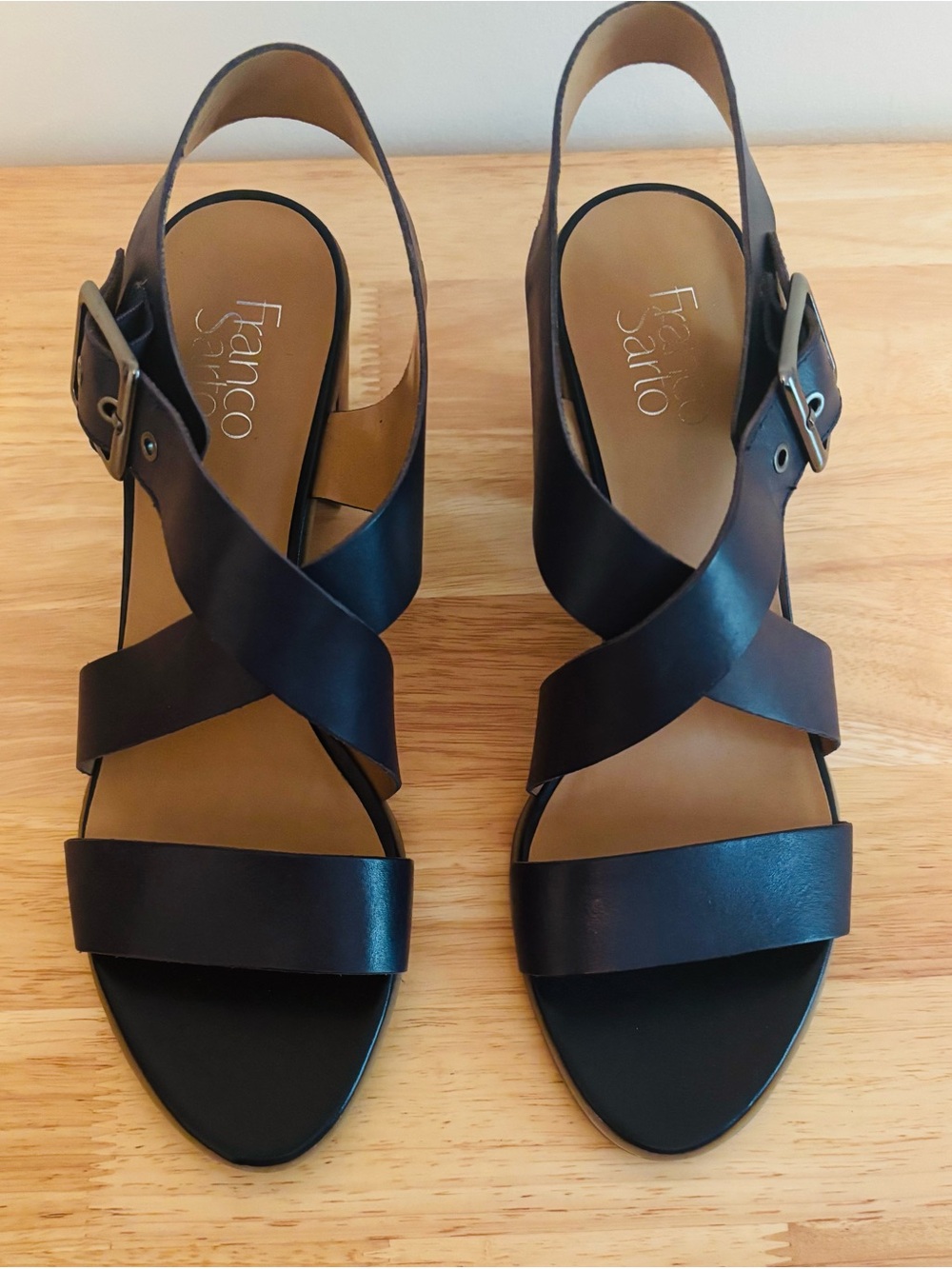 Franco Sarto Navy Blue Leather Helga Strappy Sandals with block heel  - Size 10